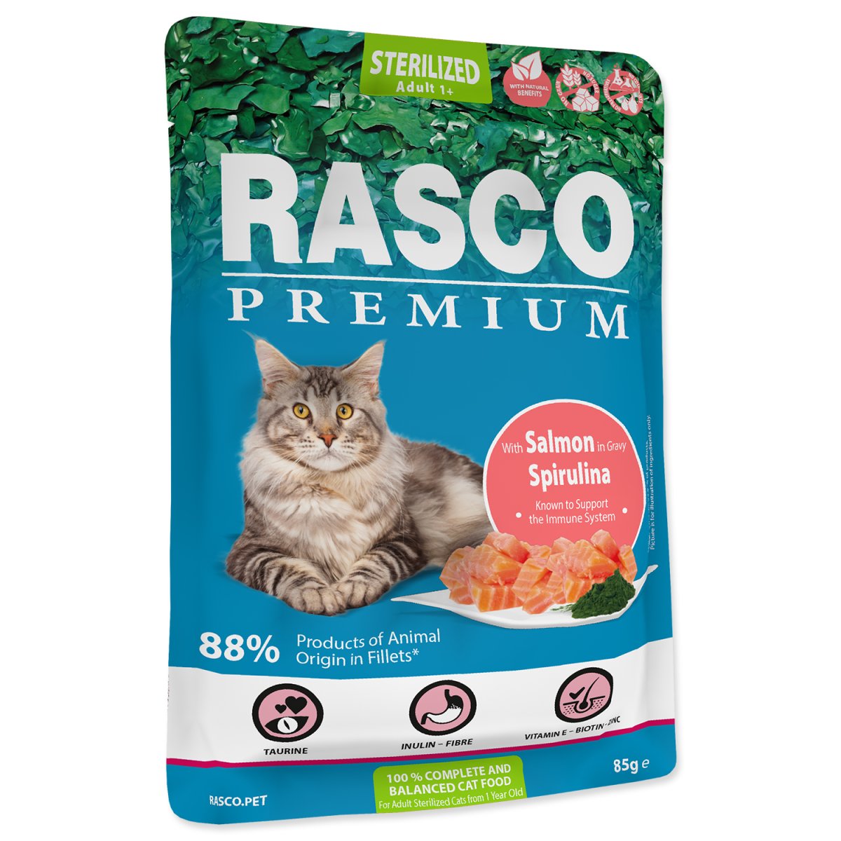 Kapsička RASCO Premium Cat Pouch Sterilized, Salmon, Spirulina - 85 g