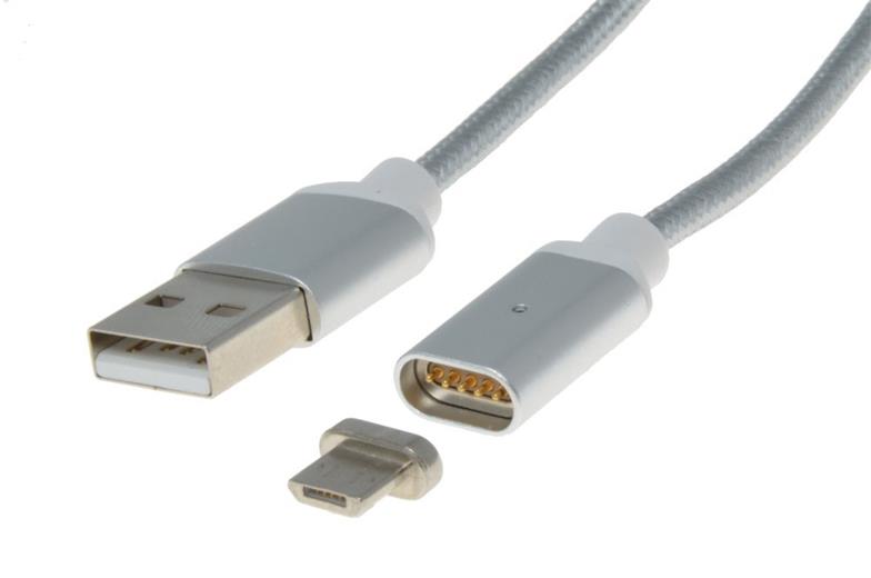 Kabel Magnetický micro USB 2.0, A-B nabíjecí a datový, 1m, stříbrný