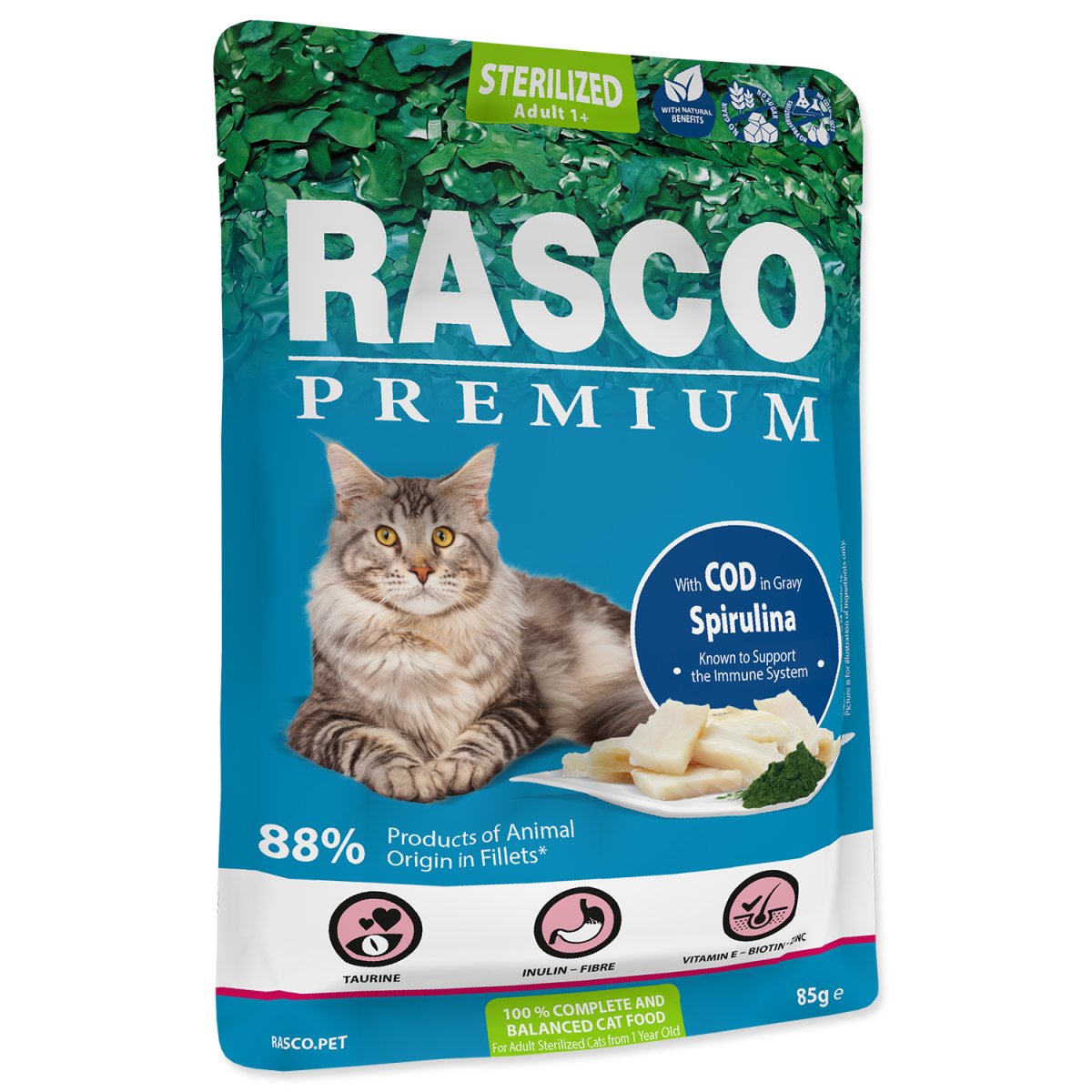Kapsička RASCO Premium Cat Pouch Sterilized, Cod, Spirulina - 85 g
