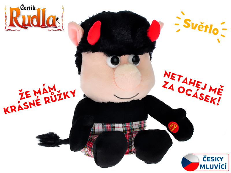 Čertík Rudla plyšový 20 cm sedící na baterie česky mluvící svítící rohy
