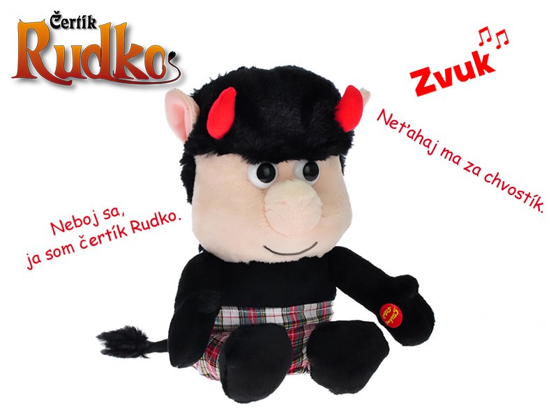 Čertík Rudko plyšový 20 cm sedící na baterie slovensky mluvící svítící rohy