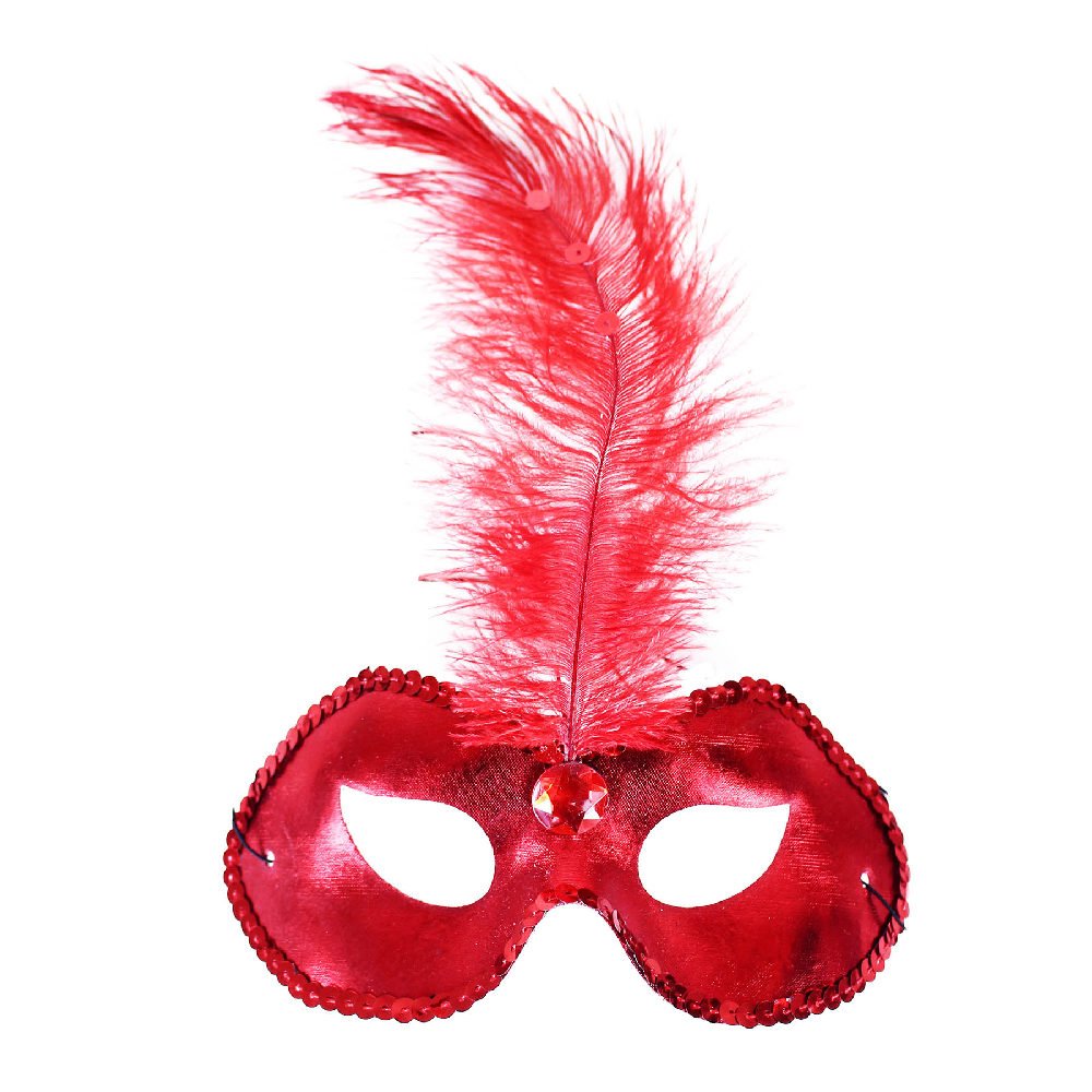 Červená škraboška / maska s pírkem