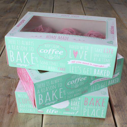 Papírová krabička průhledná na 6 cupcakes 24x16cm zelená v sadě 3 krabičky - FunCakes