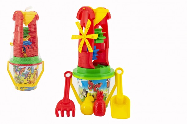 Sada na písek plast kbelík, mlýnek s doplňky 4 druhy v síťce 12m+