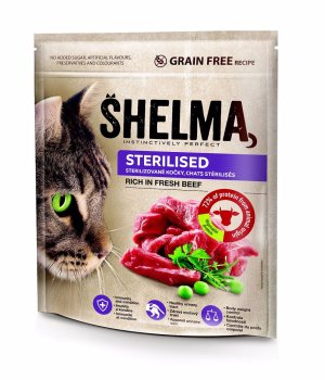 SHELMA Cat Sterilised Beef GF 750 g - VÝPRODEJ