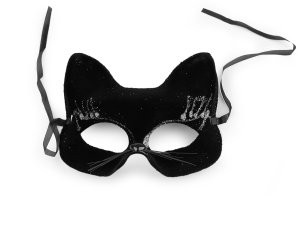 Karnevalová maska - škraboška sametová s glitry kočka - černá stříbrná - VÝPRODEJ