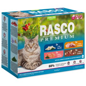 Kapsičky RASCO Premium Cat Pouch Sterilized - 3x salmon, 3x cod, 3x duck, 3x turkey - 1020 g - VÝPRODEJ
