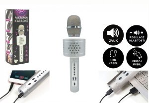 Mikrofon karaoke Bluetooth stříbrný na baterie s USB kabelem - VÝPRODEJ
