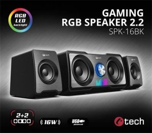 C-TECH reproduktory SPK-16, 2.2, 16W, RGB podsvícení, 3,5mm jack, USB napájení, černé - VÝPRODEJ