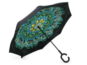Obrácený deštník dvouvrstvý - zelená páv - VÝPRODEJ