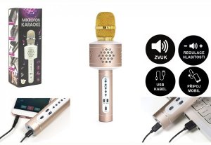 Mikrofon karaoke Bluetooth zlatý na baterie s USB kabelem - VÝPRODEJ