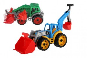 Traktor/nakladač/bagr se 2 lžícemi plast na volný chod 2 barvy v síťce - VÝPRODEJ