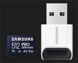 Samsung paměťová karta 512GB PRO Ultimate CL10 Micro SDXC Grade 3 (č/z: až 200/130MBs) + USB Adaptér - VÝPRODEJ